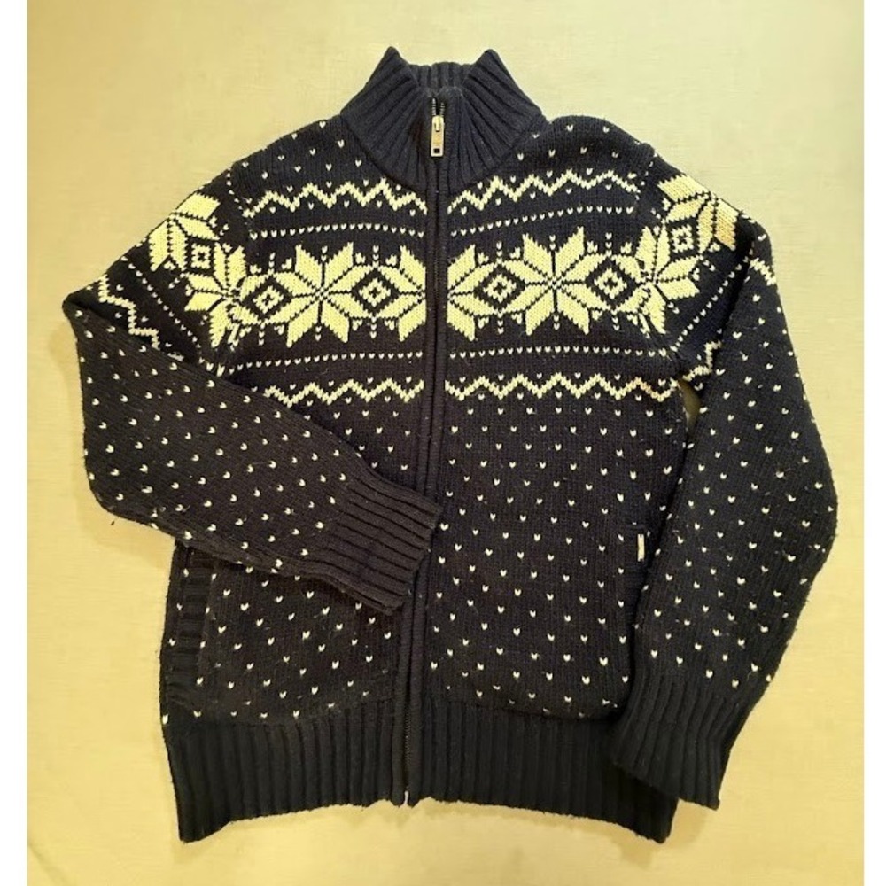 WHOAU & Dream Navy Blue Snowflake Fair Isle Zip Cardigan‎ Knit Sweater Lebowski.